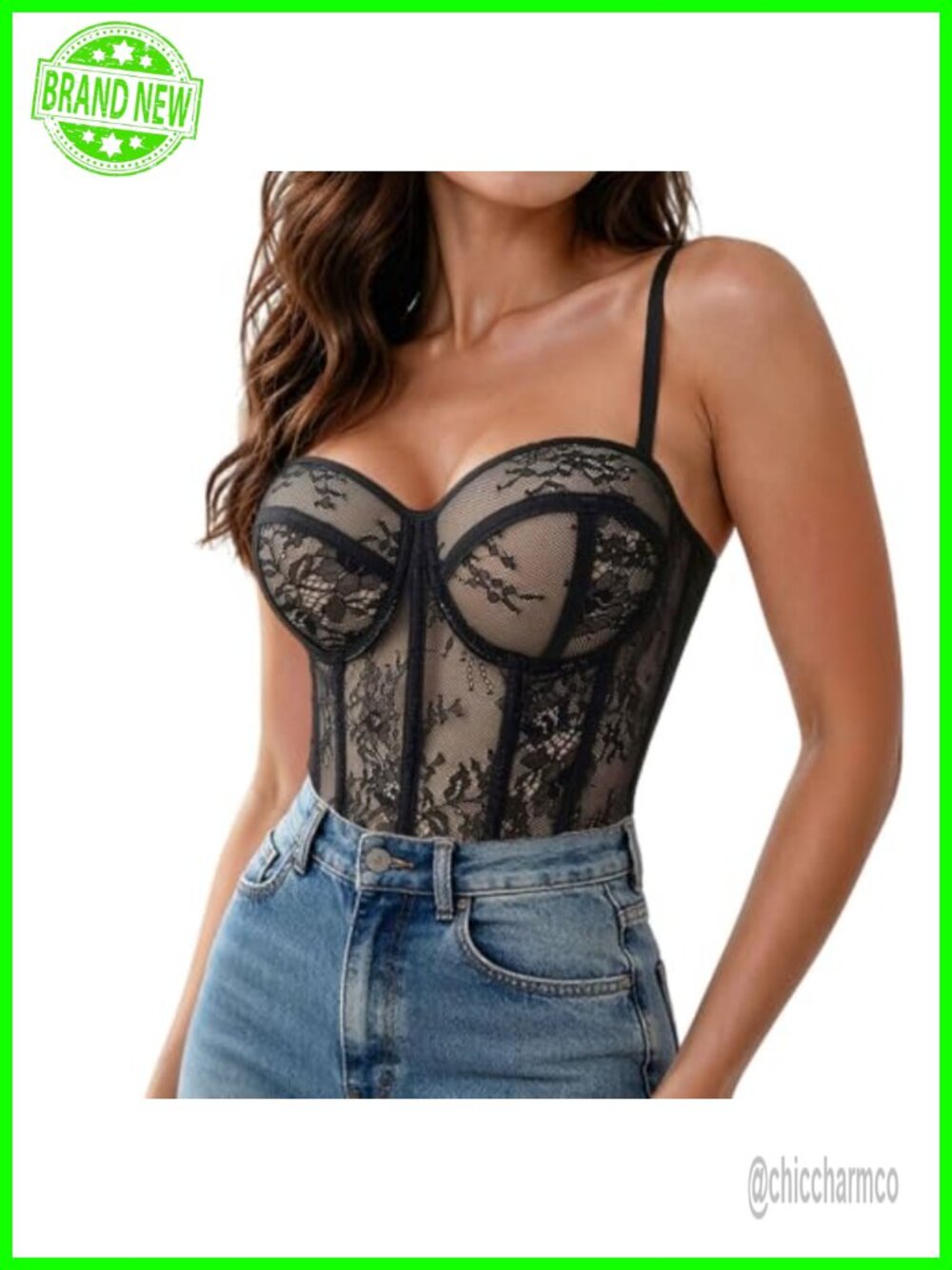 Lirokan Lace Bustier Corset Top Sheer Floral Nylon Mesh 9 Boned Hook Eye